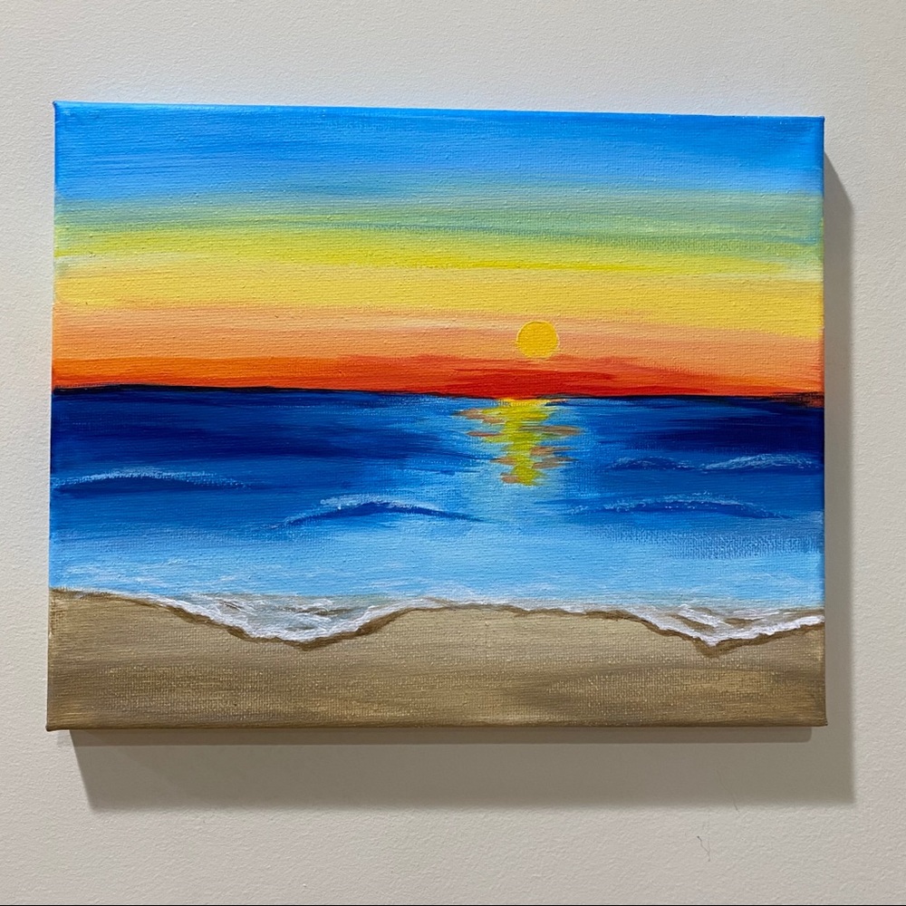 Original beach sunset painting, ocean waves, sea